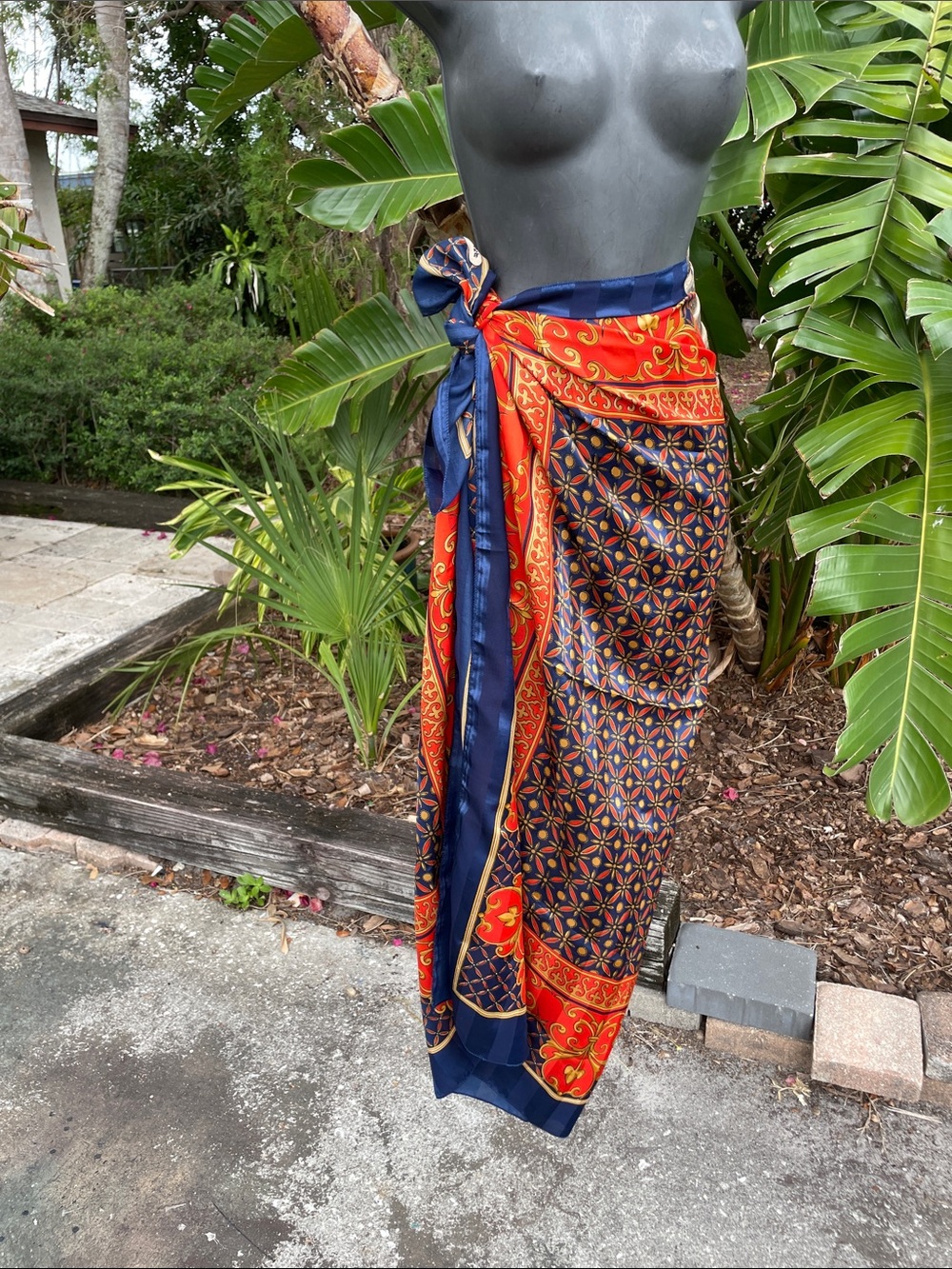 extra large, red, gold and blue satin scarf